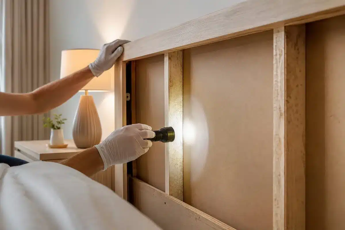 Démontage d’une tête de lit à la lampe torche pour détecter les punaises de lit