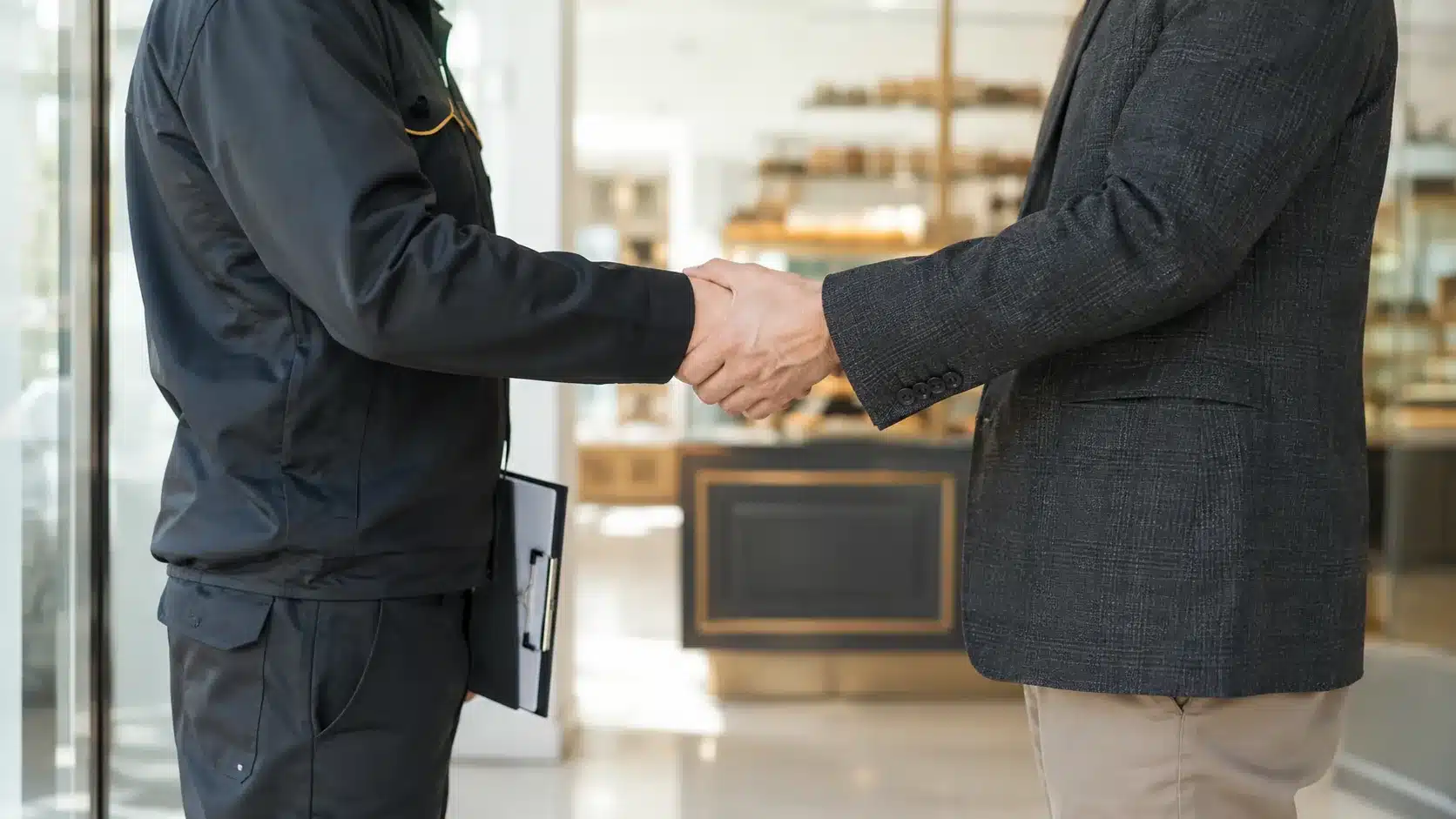 Technicien 3D Résultats et commerçant se serrant la main après remise d'un devis d'intervention