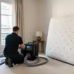 Traitement thermique d’une chambre parisienne contre les punaises de lit, matelas relevé